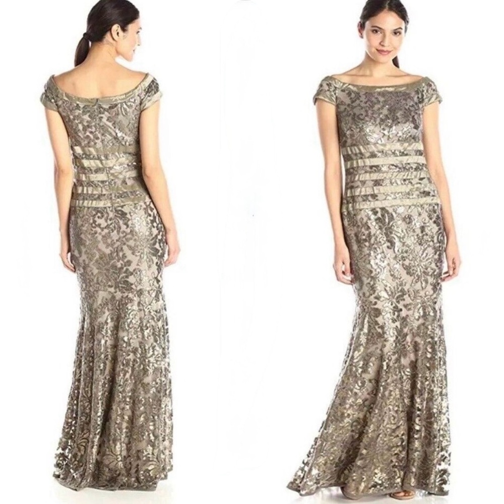 Tadashi Shoni Sequins Long Dress Elegant Metallic Evening Gown Smokie Gold Size4